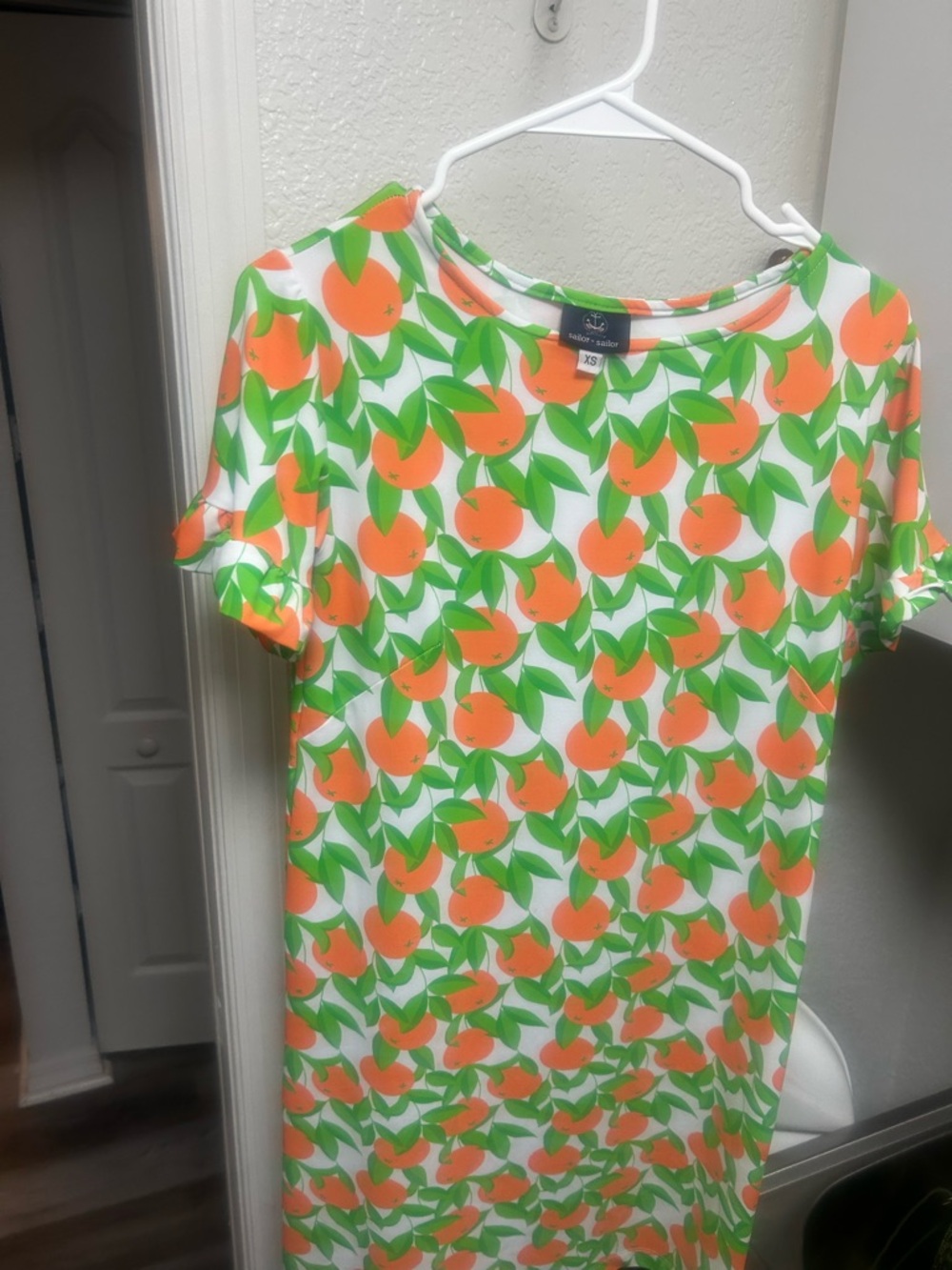 Sleeved Midi Dress with Orange Print - Size XS